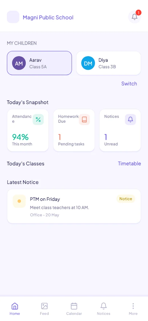 MagniConnect parent app home screen: children, attendance, homework due, unread notices and the latest school notice.