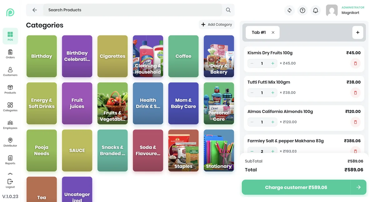 MagniPOS at the counter: product categories with photos on the left and the current sale with a Charge customer button on the right.