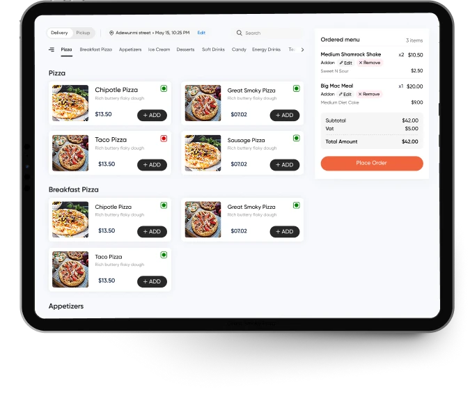 RestroPress online ordering on a tablet: a pizza menu with photos and prices, delivery and pickup options, and an order cart with a Place Order button.