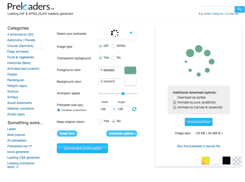 Preloaders.net - Circular Spinners AJAX loading GIF and APNG spinners, bars and 3D animations generator